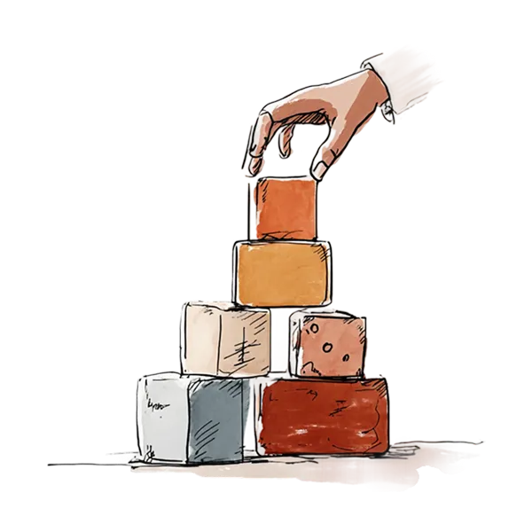 Hand placing wooden blocks representing steps in speech recovery