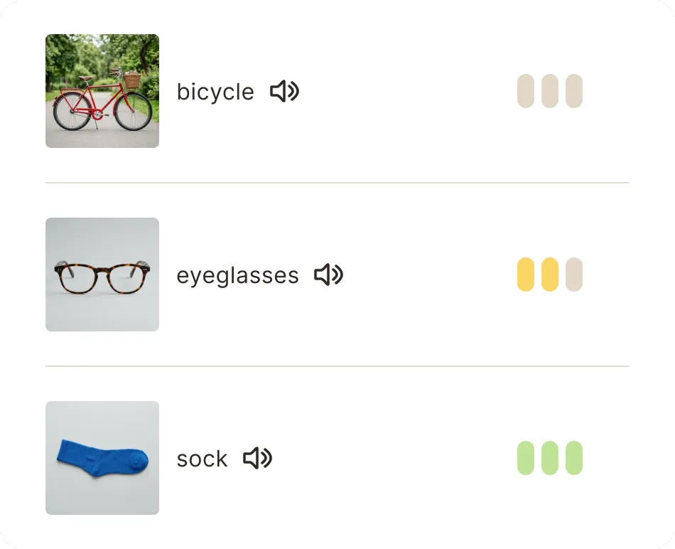 Word list with progress tracking